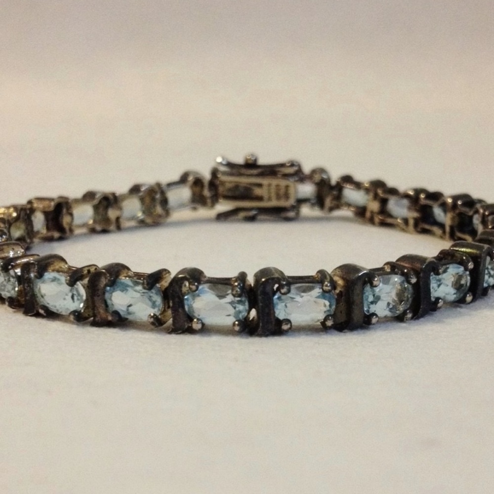 Silver Tennis Bracelet Link Blue Oval Faceted Gemstones Topaz? Vintage Jewelry - Picture 2 of 9